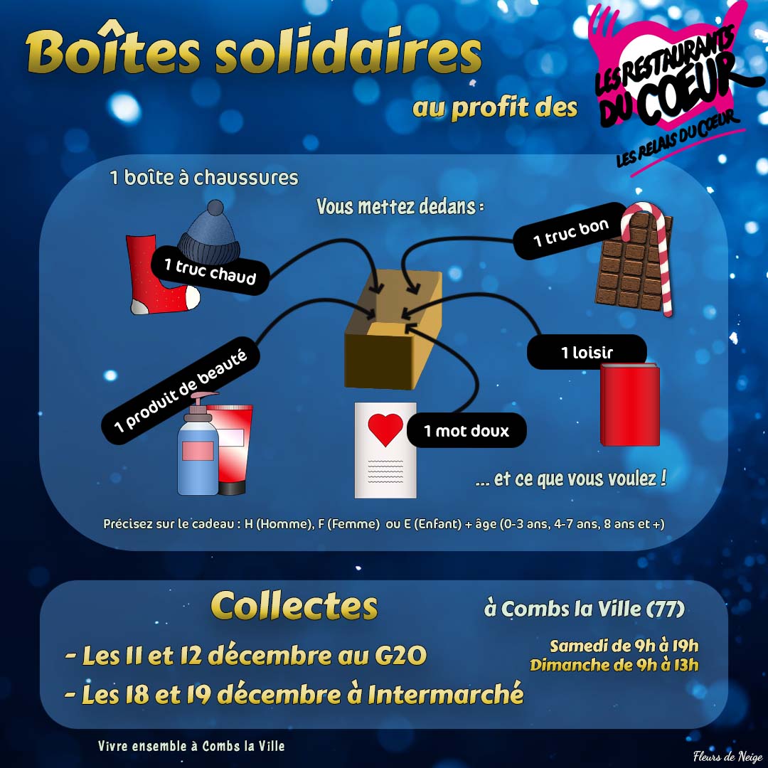 Flyer pour la collecte de boîte de Noël organisée par Combs-la-Ville au profit des Restaurants du Coeur.